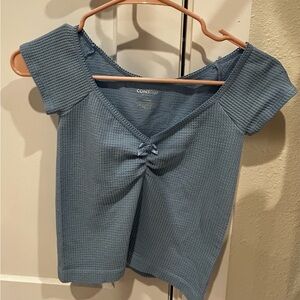 Blue Ribbed V-Neck Crop Top